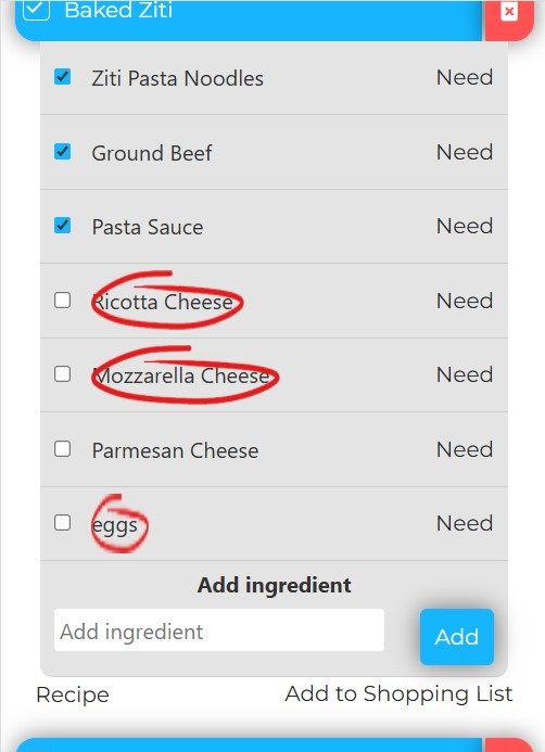 Screenshot of multiple ingredients selected in a list as being needed. Add to shopping list, or see the recipe buttons right below.