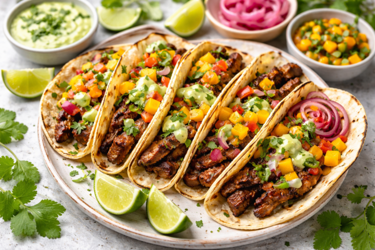 Grilled jerk beef tacos topped with mango salsa and avocado crema on corn tortillas