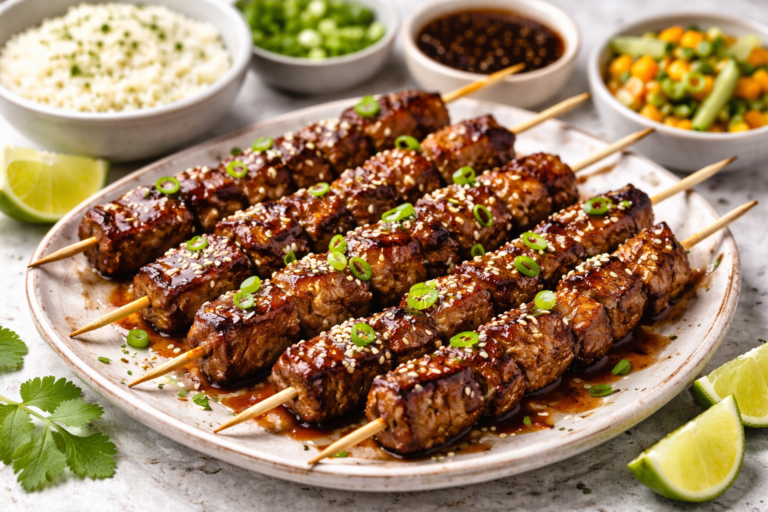 Grilled Tokyo beef yakitori skewers glazed with sweet soy sauce and topped with sesame seeds and scallions