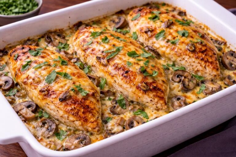 baked chicken casserole with mushrooms and melted cheese