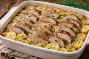 baked pork loin and potato casserole with sliced potatoes onion and pork loin