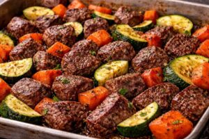 baked steak cubes with carrots zucchini and thyme