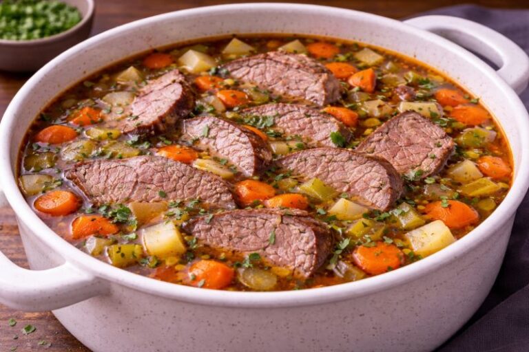 beef and vegetable soup with sliced eye of round carrots and celery