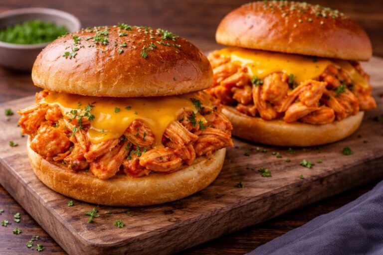 buffalo shredded chicken sandwich with cheddar on toasted bun