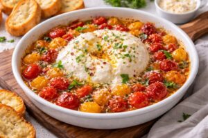 burrata tomato dip with roasted tomatoes and toasted bread