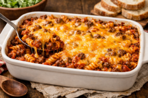 cheesy ground beef casserole with pasta tomato sauce and melted cheddar baked in a dish