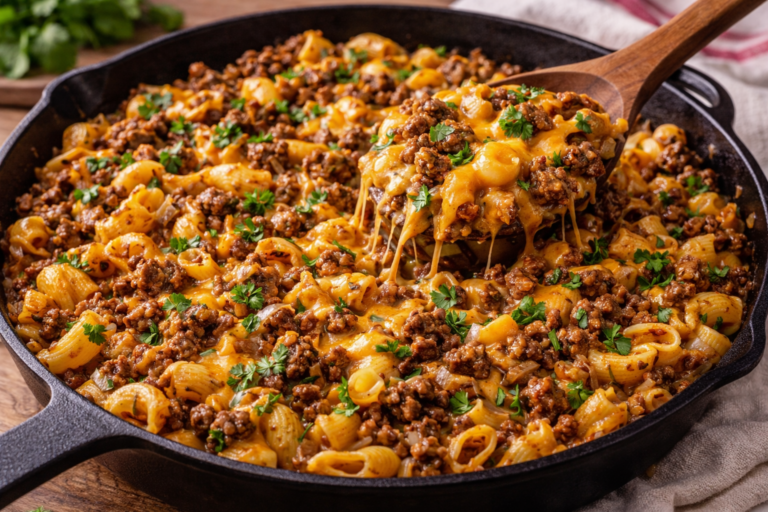 cheesy taco meat pasta with seasoned ground beef and melted cheddar in a skillet