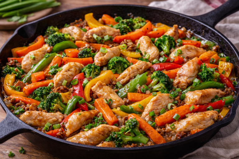chicken and vegetable stir fry with bell peppers carrots garlic and ginger in a skillet