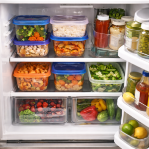 checking leftovers and ingredients while cleaning out the fridge before grocery shopping