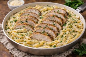 creamy pork loin pasta with sliced pork parmesan cream sauce and parsley