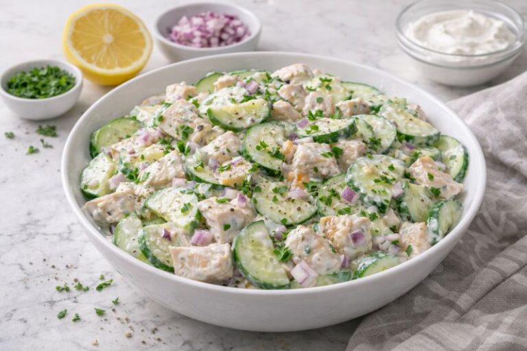 cucumber chicken salad with yogurt dressing and red onion