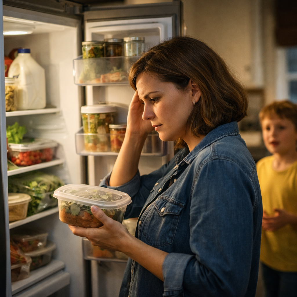 Parent looking inside refrigerator trying to decide what to cook for dinner while a child asks what’s for dinner