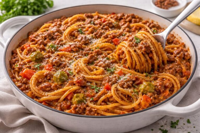 dirty spaghetti with ground beef sausage and peppers
