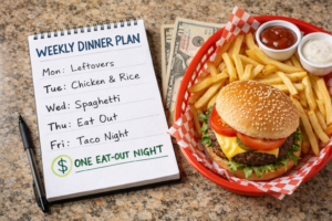 Weekly dinner plan notepad showing one eat-out night beside a burger and fries meal representing a planned restaurant night to save money