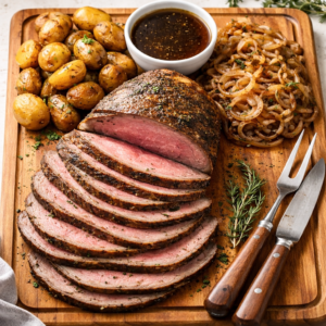 thinly sliced eye of round roast with roasted potatoes and onions on wooden cutting board