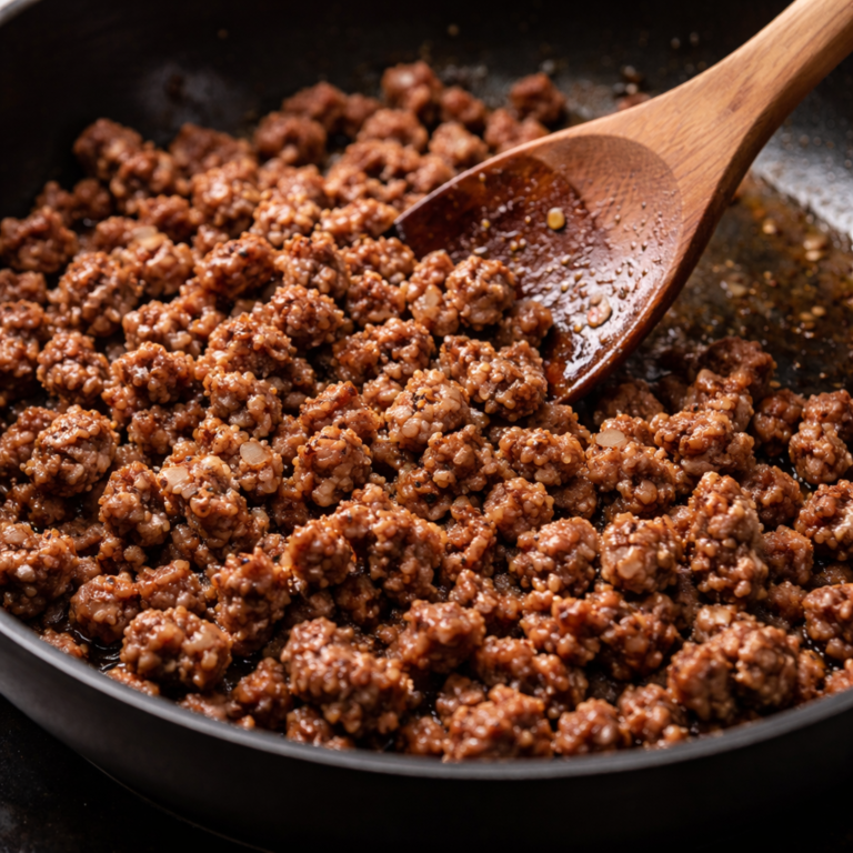 Ground beef cooking in a skillet while being stirred with a wooden spoon, nearly browned and ready to use for easy weeknight meals and ground beef meal prep.