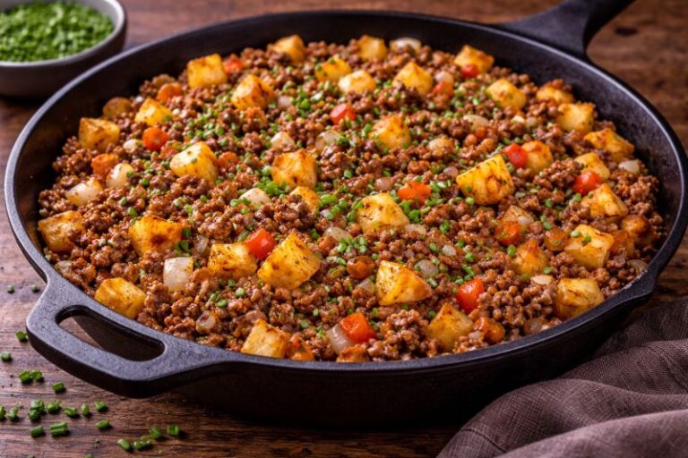 skillet ground beef hash with potatoes onions and chives