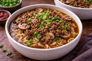 ground beef ramen bowls with mushrooms noodles and green onions