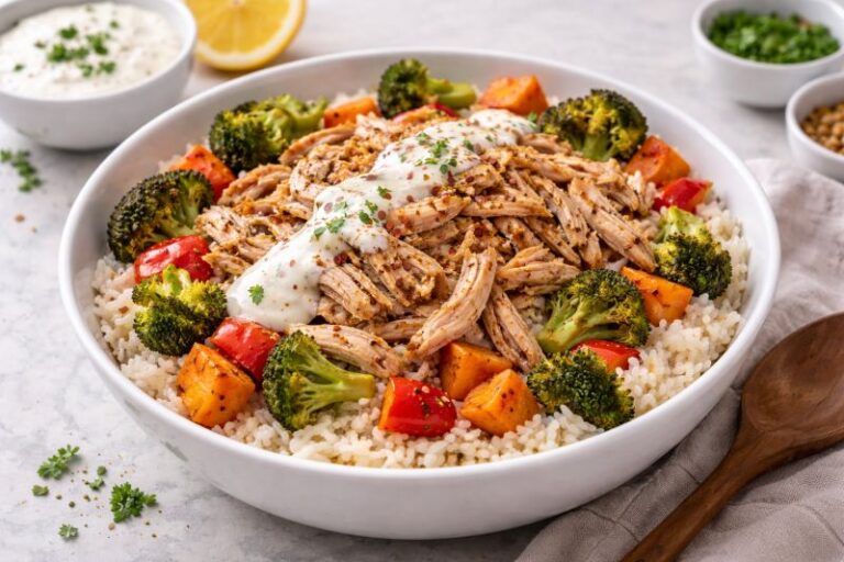 high protein chicken rice bowl with vegetables and yogurt sauce