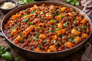 italian pasta with ground beef tomato sauce and basil