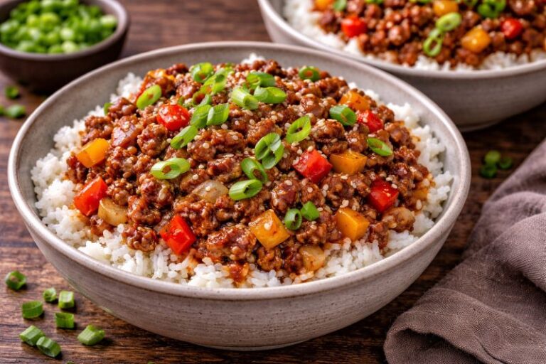 leftover ground beef rice bowls with vegetables and green onions