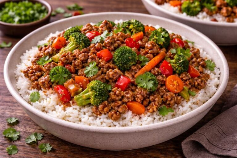 leftover ground beef stir fry with vegetables rice and cilantro