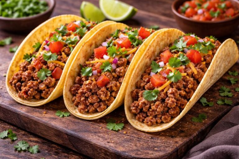 leftover ground beef tacos with seasoned beef and cilantro in tortillas