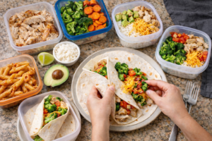 Plastic food containers with leftover chicken, vegetables, rice, and pasta being turned into wraps and bowls in a home kitchen