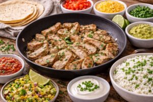 Sliced leftover pork loin reheating in a skillet with ingredients nearby for building quick dinners