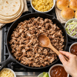 leftover pulled pork in skillet with tortillas and slider buns for easy dinners