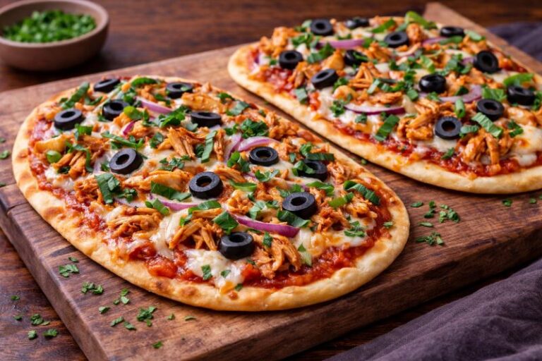 leftover shredded chicken flatbread pizzas with mozzarella onion and olives