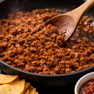 Leftover taco meat reheating in a skillet with a wooden spoon, seasoned ground beef ready to turn into quick tacos or easy weeknight dinners.