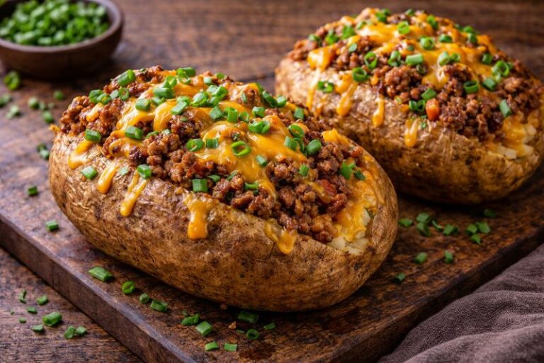 loaded baked potatoes with ground beef and melted cheddar cheese