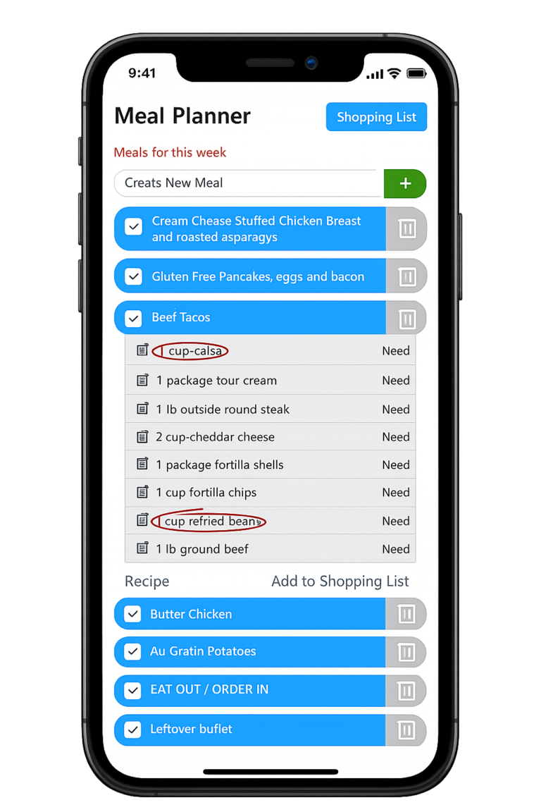 MyGroceryPlan meal planner app displayed on a smartphone showing weekly meals and ingredient list for grocery planning