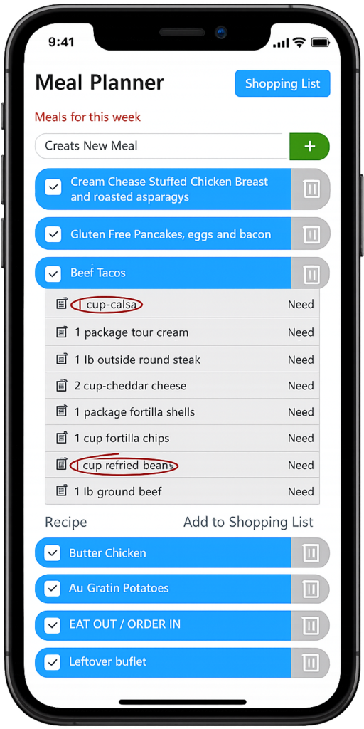 MyGroceryPlan meal planner app displayed on a smartphone showing weekly meals and ingredient list for grocery planning