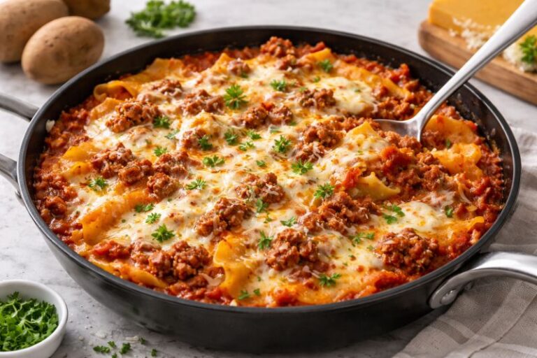 one pan lasagna with ground beef pasta and melted cheese