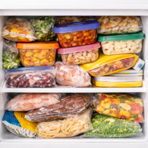 Overstuffed freezer packed with frozen food containers, bags of vegetables, meat, and leftovers stacked chaotically