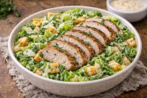 pork loin caesar salad with sliced pork romaine parmesan and caesar dressing