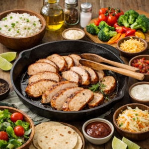 pork loin dinner ideas with sliced pork loin reheating in a skillet beside rice tortillas and vegetables