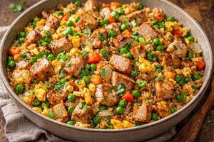 pork loin fried rice with diced pork eggs peas onion and cilantro