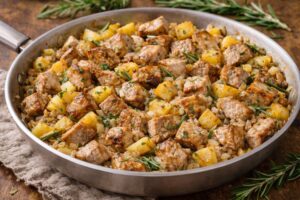pork loin potato skillet with diced pork golden potatoes onion garlic and rosemary
