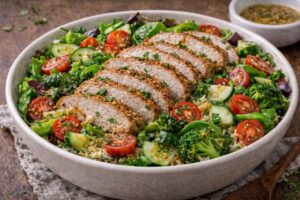 pork loin salad with mustard vinaigrette tomatoes cucumber and mixed greens
