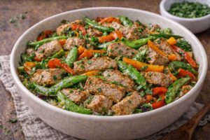 pork loin stir fry with bell peppers snap peas and ginger