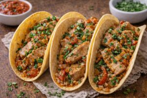 pork loin tacos with salsa onion garlic and cilantro in corn tortillas