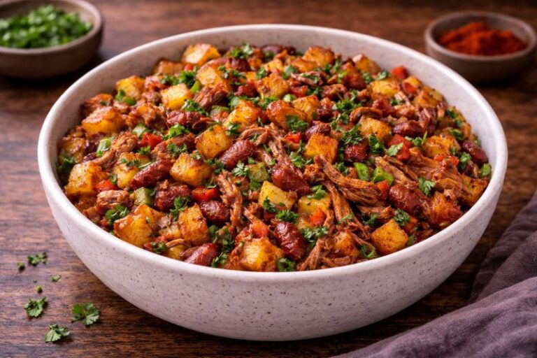 pulled pork breakfast hash with potatoes peppers and parsley