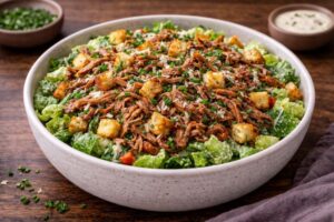 pulled pork caesar salad with romaine parmesan and croutons
