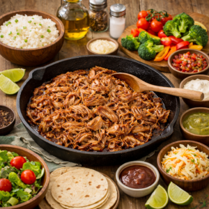 pulled pork dinner ideas with shredded pulled pork warming in a skillet beside tortillas rice and vegetables