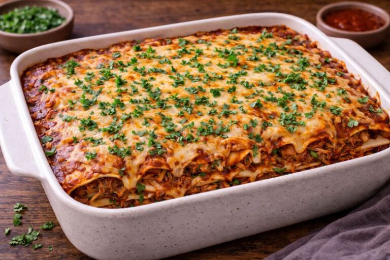 pulled pork enchilada casserole with melted cheese and cilantro