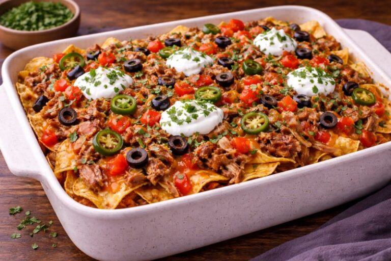 pulled pork nacho bake with melted cheese tomatoes and sour cream