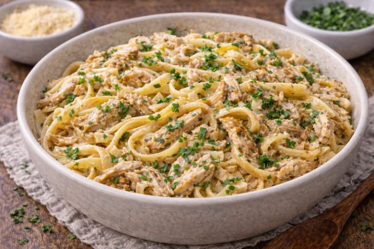 rotisserie chicken alfredo pasta with creamy parmesan sauce and fettuccine